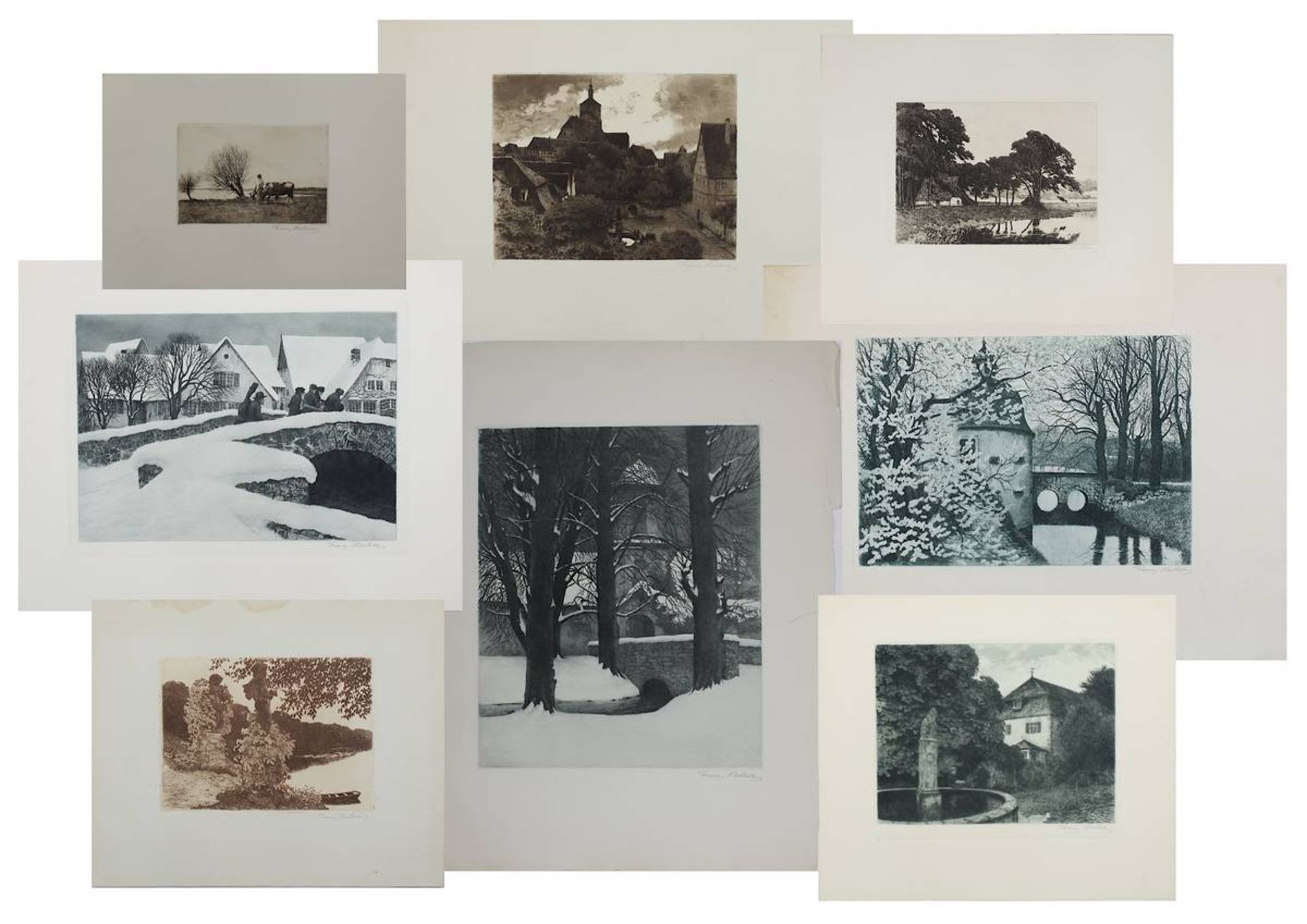 Heiken, Franz (geb. 1900  - ?), acht Radierungen meist mit Landschaftsmotiven, teils mit Architektur