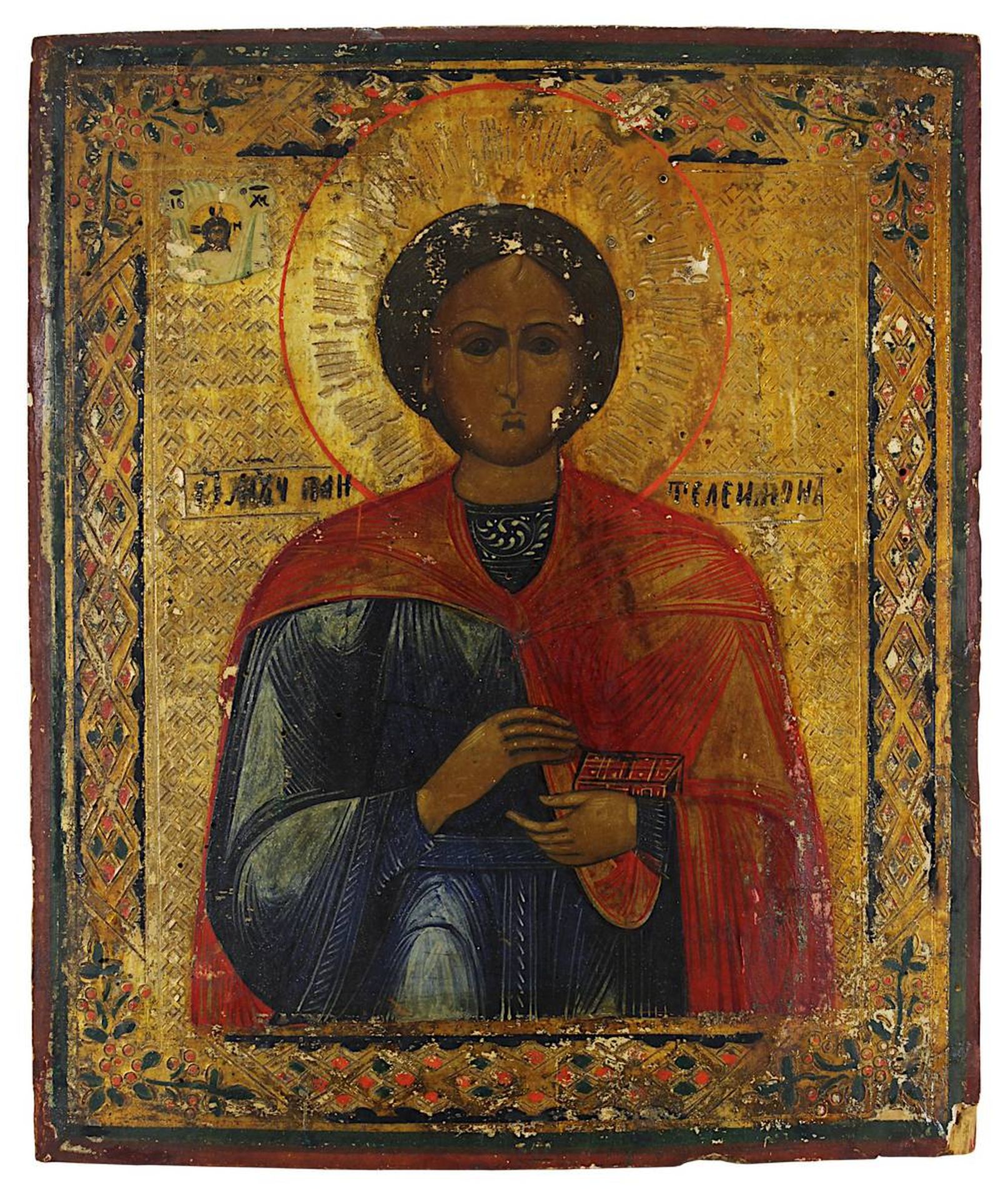 Ikone, Heiliger Pantheleimon, Russland 2. H. 19. Jh., Tempera auf Holz, Darstellung des Arztheiligen