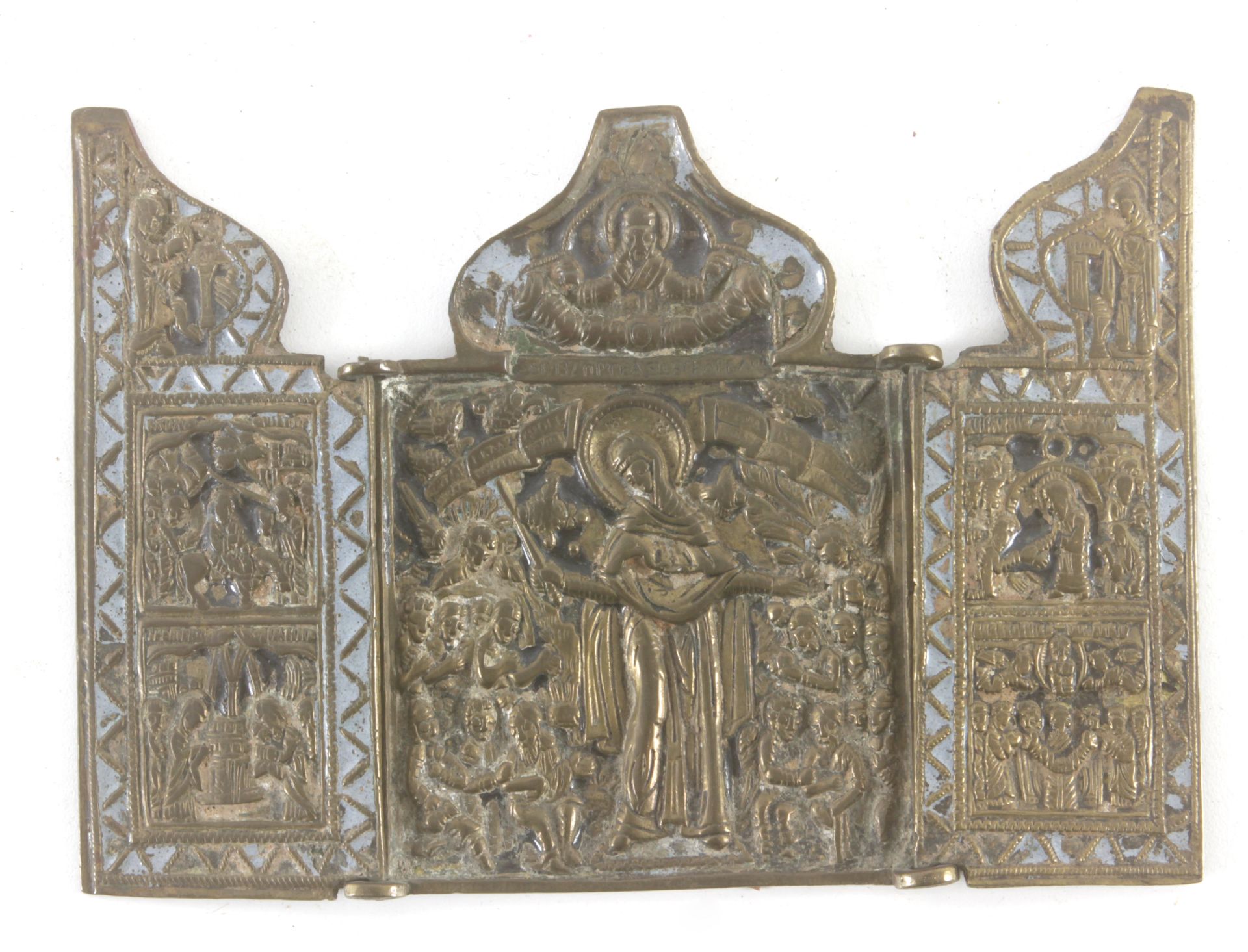 A 19th century Russian carriage bronze triptych icon