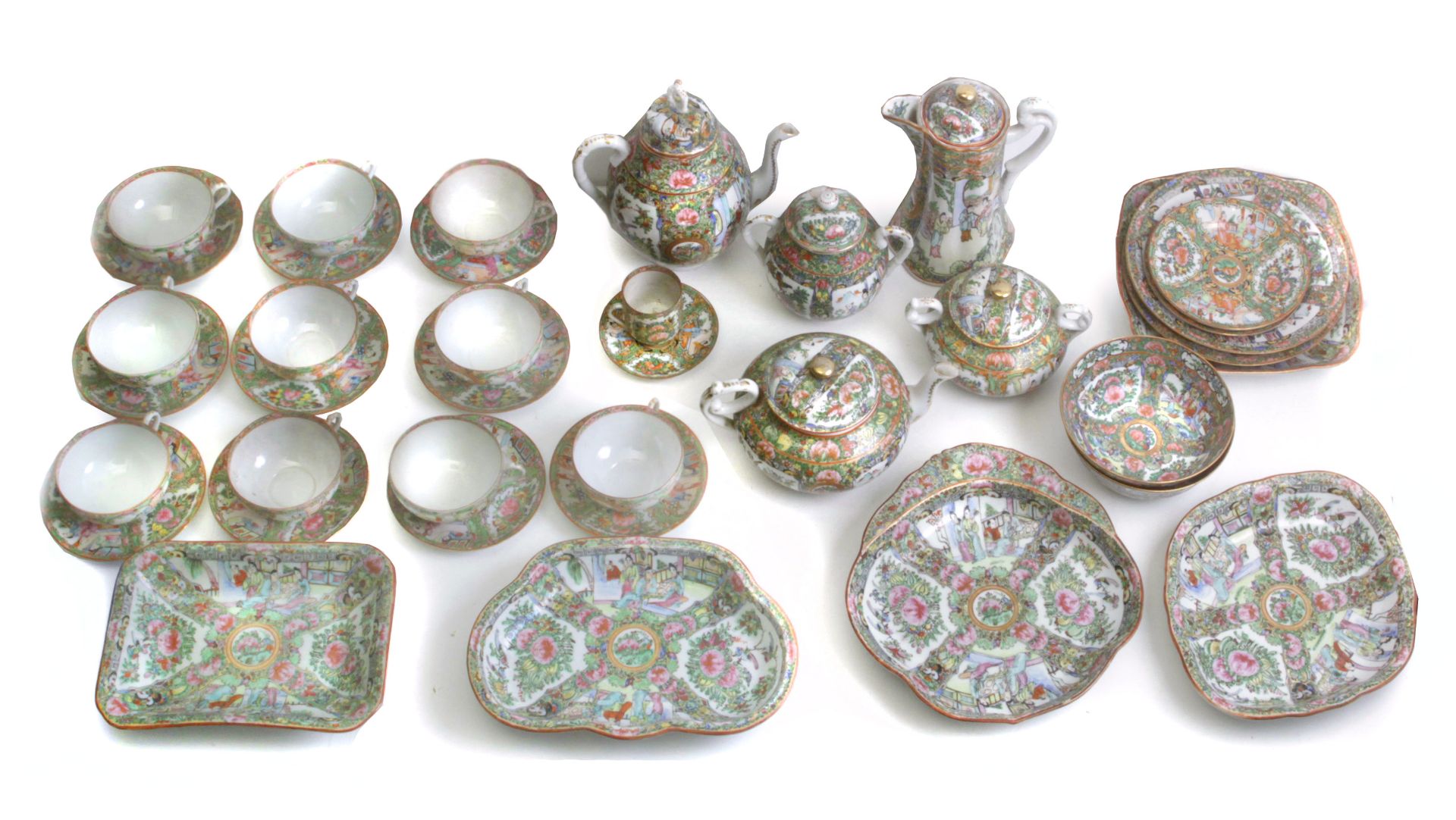 A mid 20th century and later coffee set in Canton Famille Rose porcelain