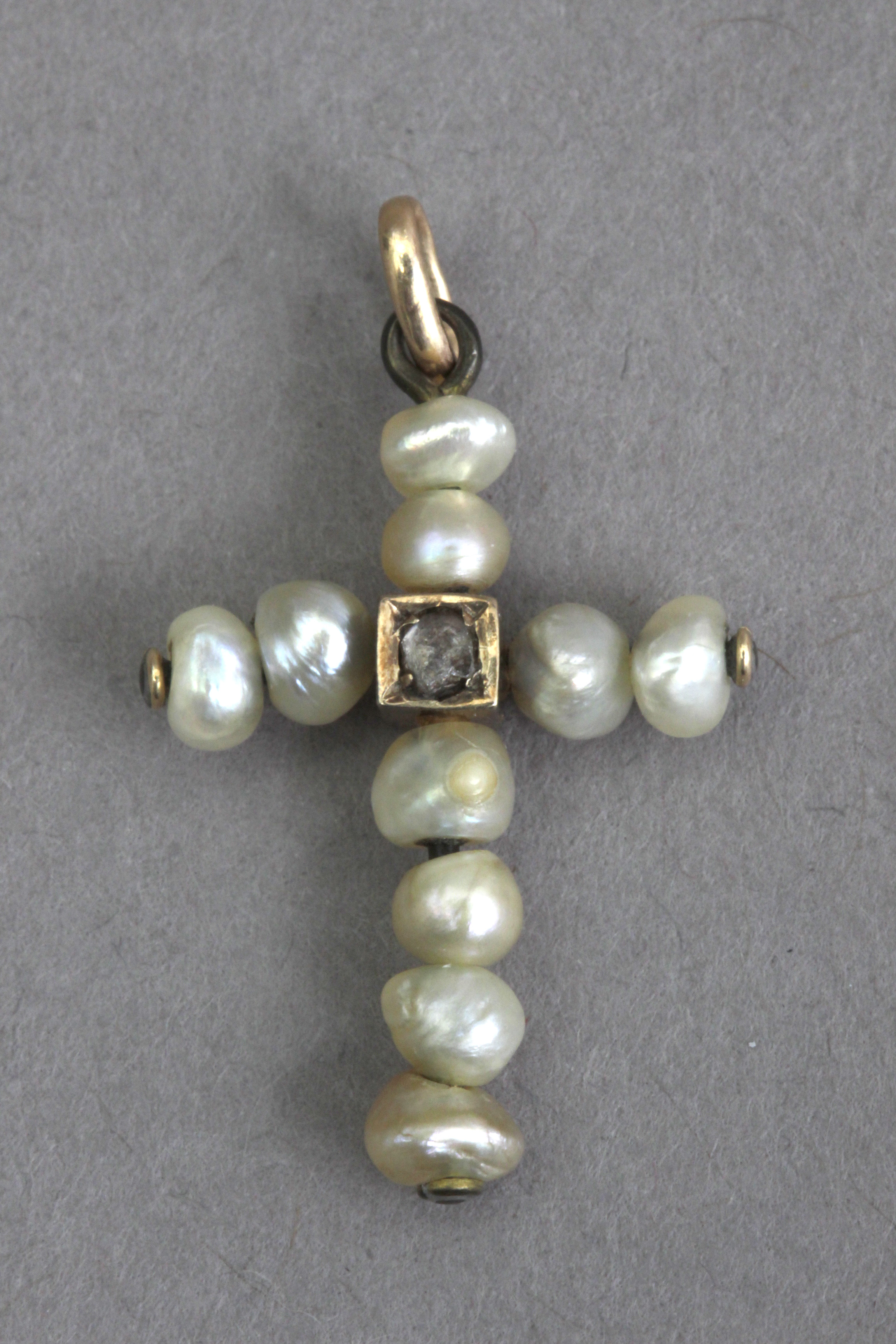 A 19th century freshwater pearls, diamonds, and rubies pendant cross - Image 3 of 3
