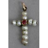 A 19th century freshwater pearls, diamonds, and rubies pendant cross