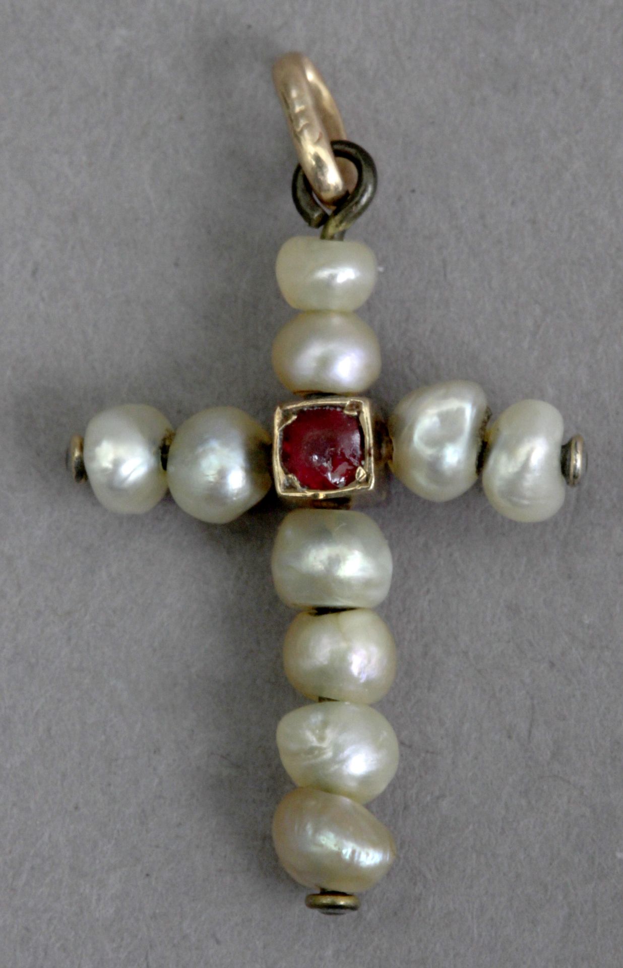 A 19th century freshwater pearls, diamonds, and rubies pendant cross