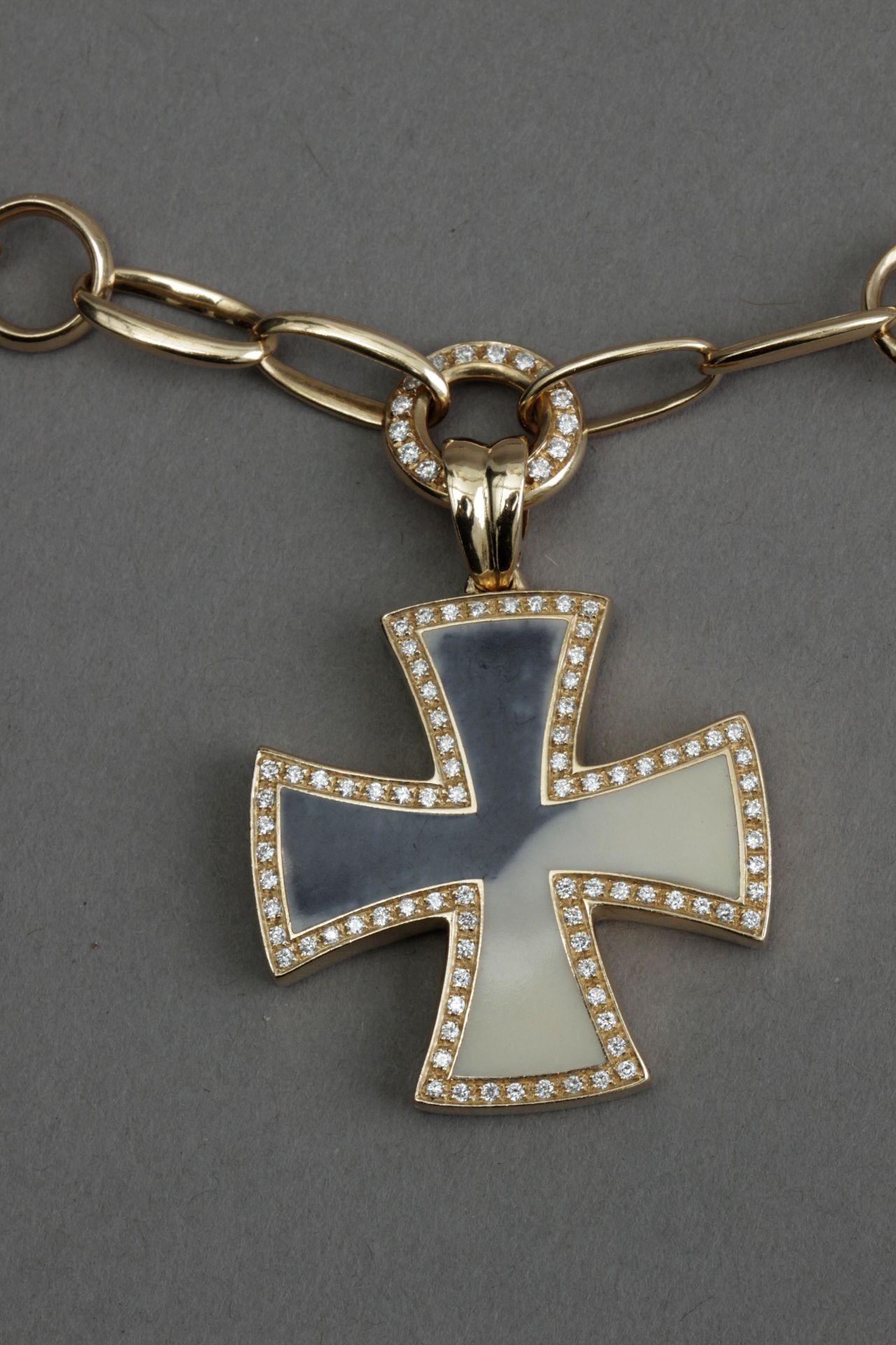 Gavello. Gold enamel and diamond link necklace with a Maltese cross pendant