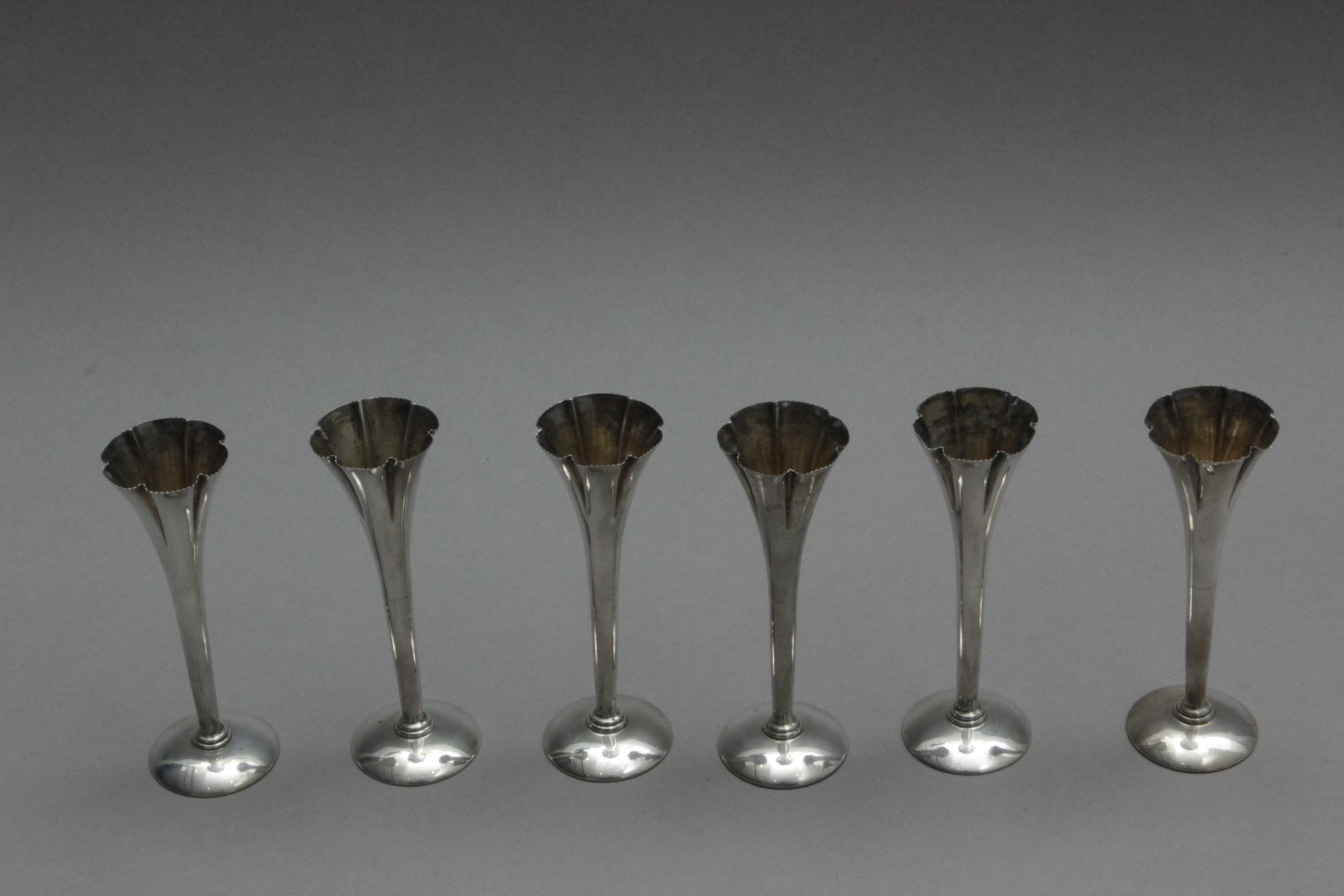 Masriera y Carreras. Set of six silver flower vases