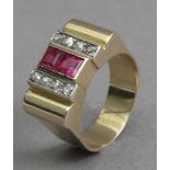 A chevalier ring circa 1940 in gold, platinum, diamonds and rubies