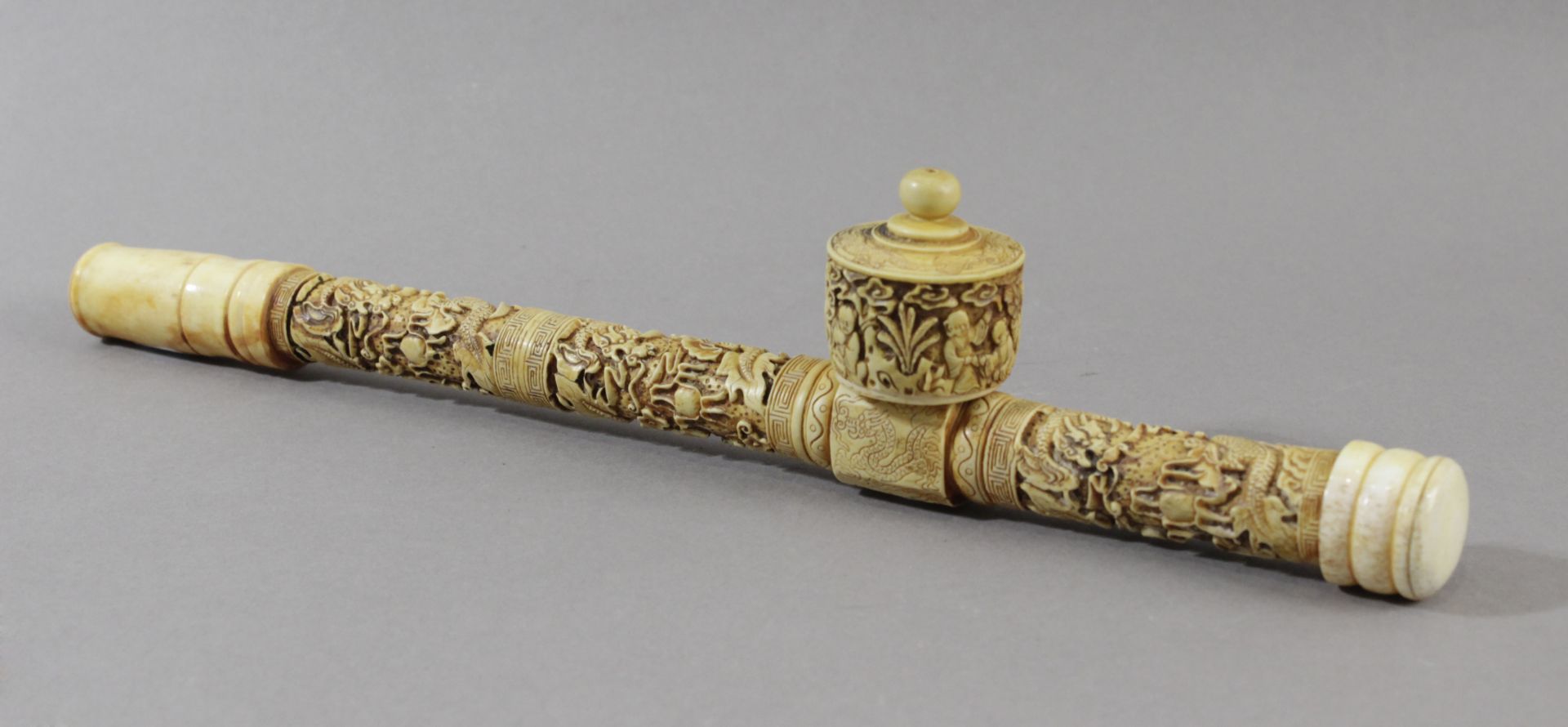 A first third of 20th century carved ivory and bone Canton style opium pipe