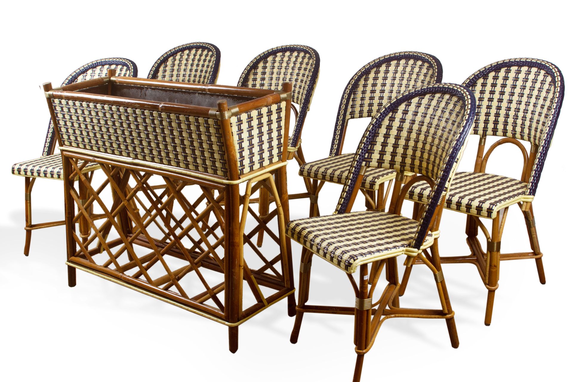 Maison Gatti. Set of six 'Select' chairs and a 'Croisillons' planter