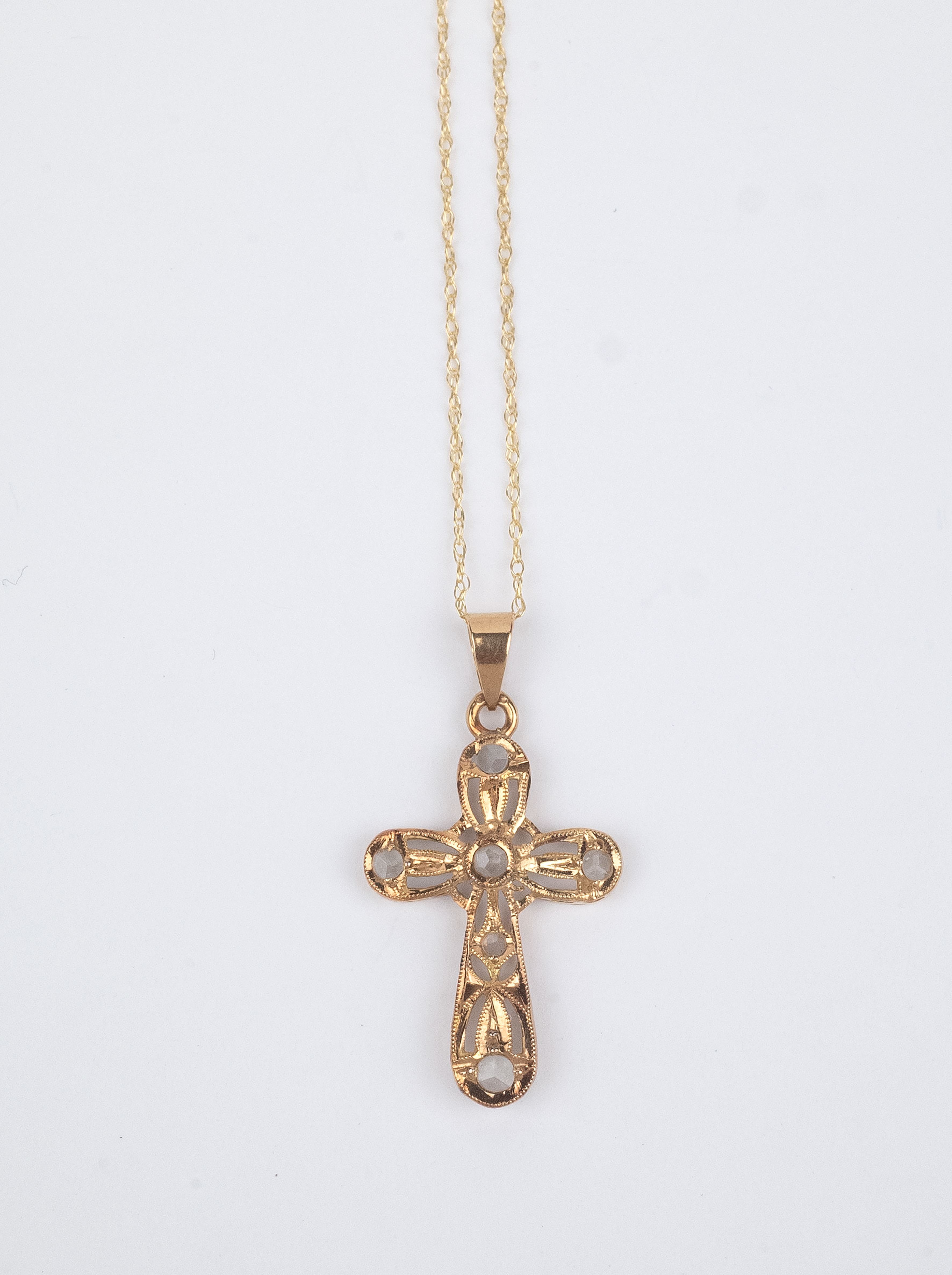 A frist half of 20th century 14k. gold and sapphires pendant cross and chain - Image 2 of 3