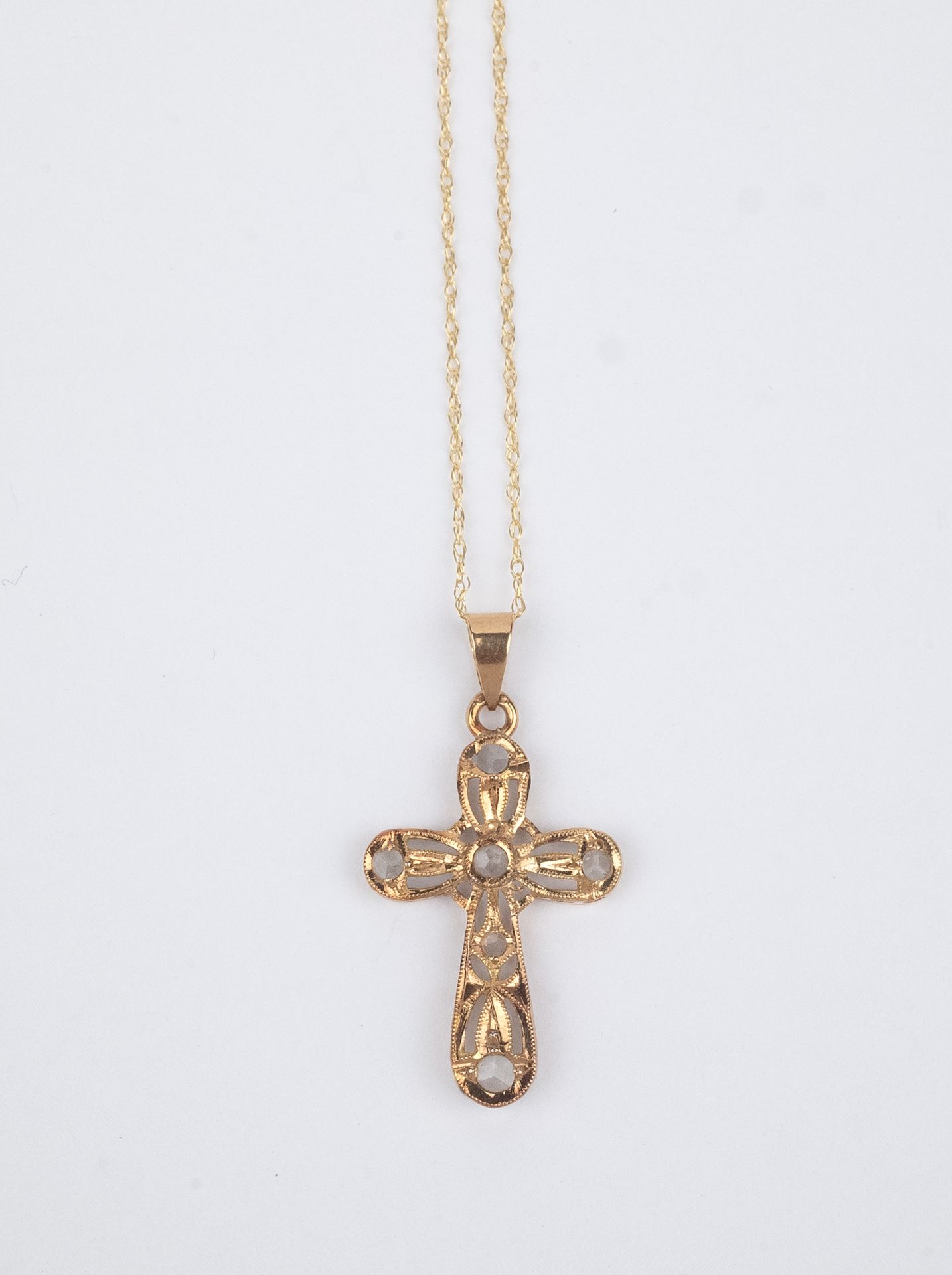 A frist half of 20th century 14k. gold and sapphires pendant cross and chain - Image 2 of 3