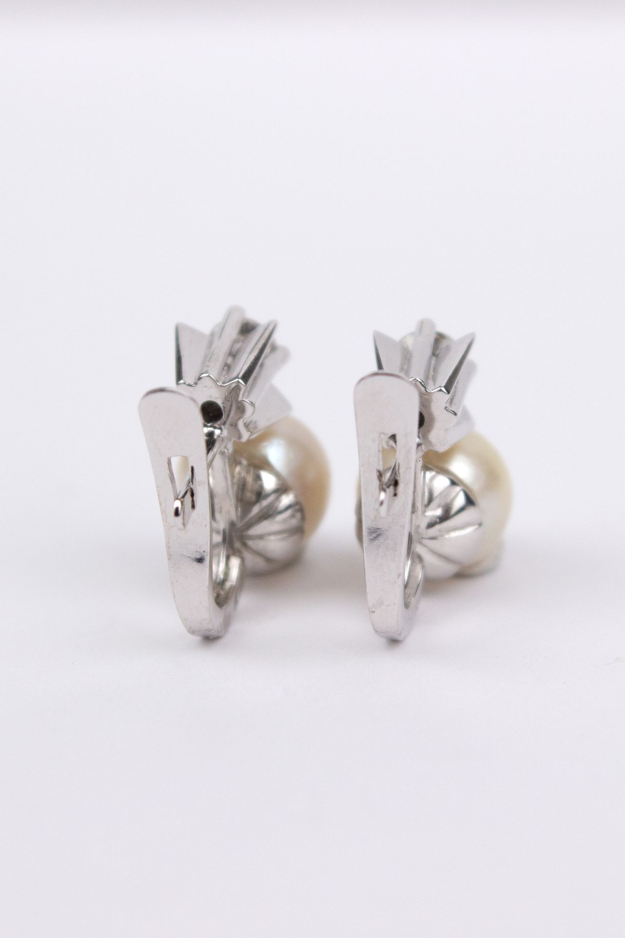 A pair of ‘toi et moi’ brilliant cut diamonds and culture pearls earrings - Image 2 of 2