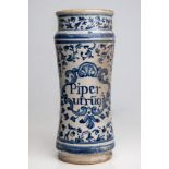 An 18th century albarello pharmacy jar in Catalan pottery