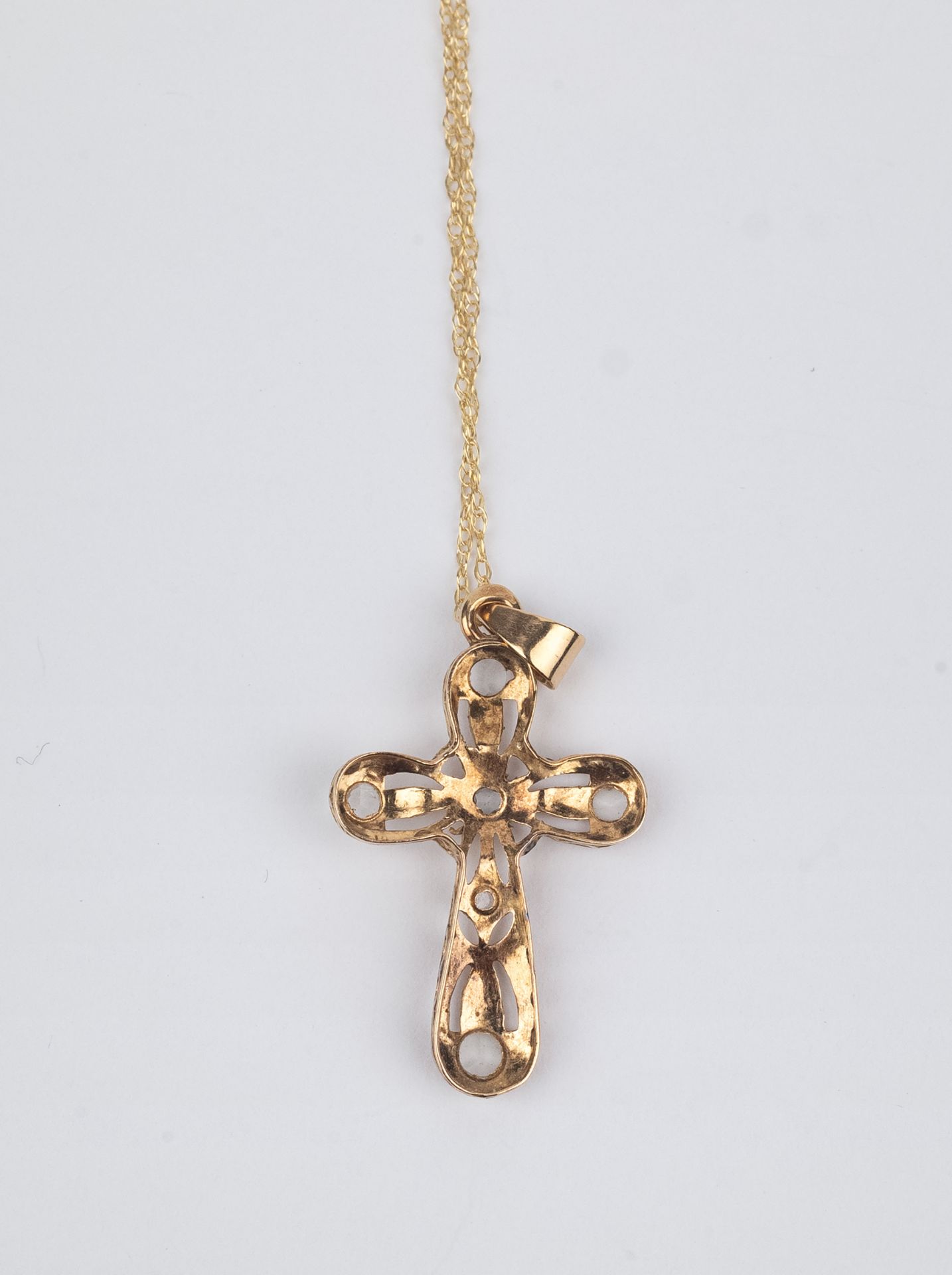 A frist half of 20th century 14k. gold and sapphires pendant cross and chain - Image 3 of 3