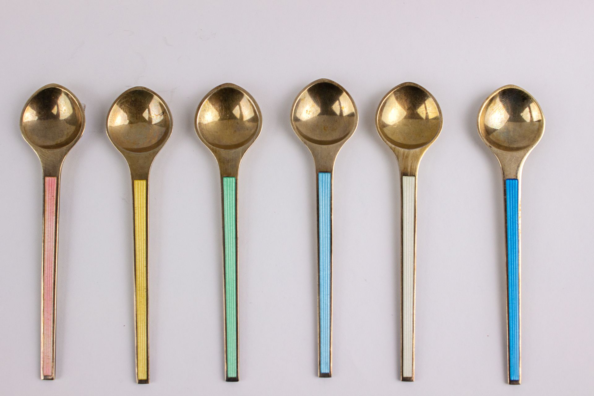 Ela Denmark. Set of six silver and guilloché enamel coffee spoons