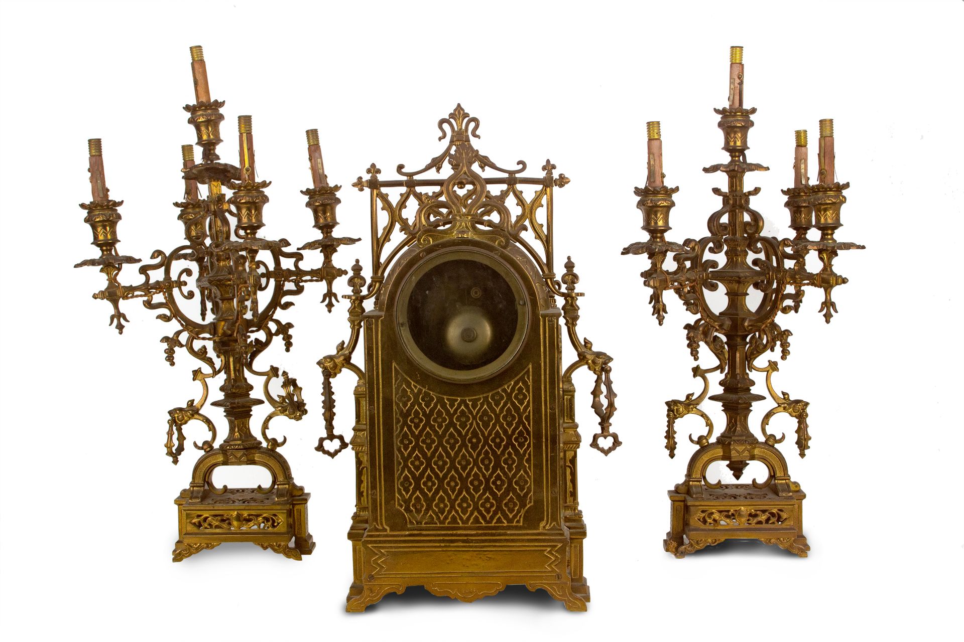 A 19th century bronze skeleton mantel clock and garrison - Image 2 of 6