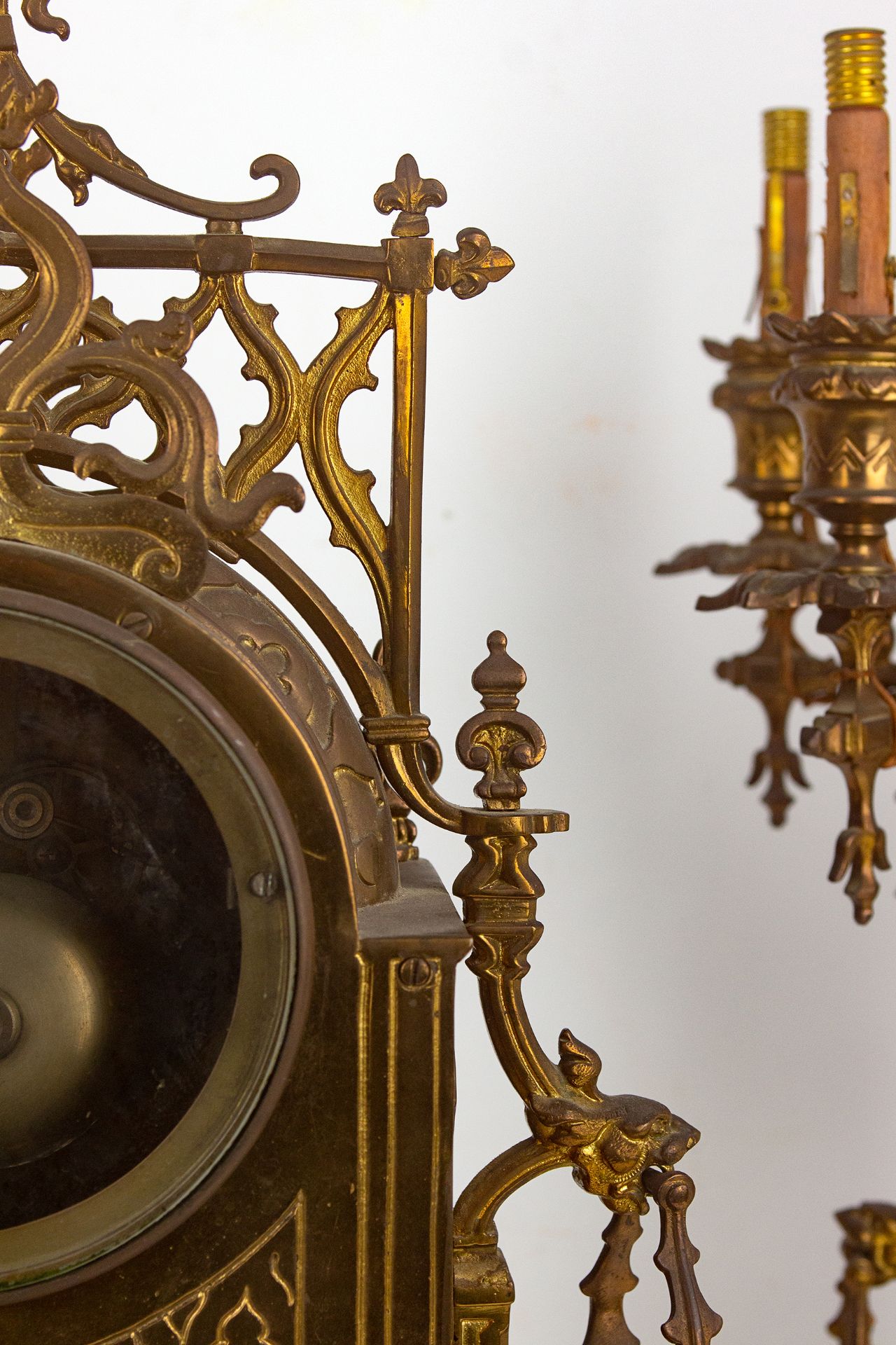 A 19th century bronze skeleton mantel clock and garrison - Image 4 of 6