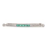 Emerald and Diamond Platinum Bar Brooch