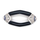 Onyx, Diamond and Sapphire Brooch