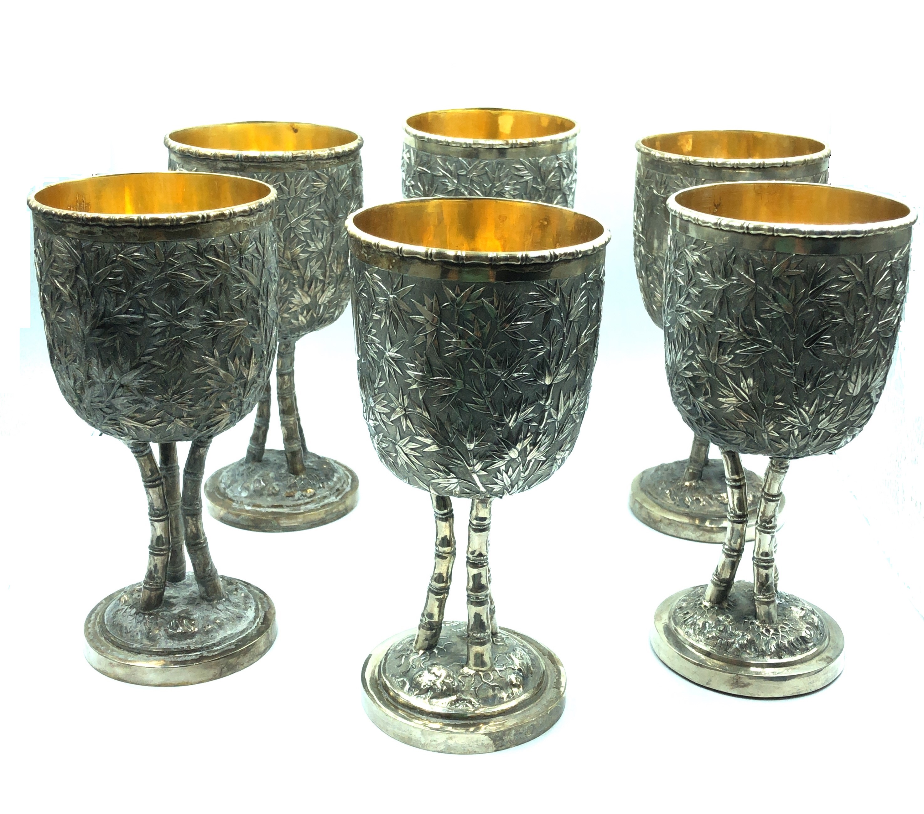 Set of Six Very Important Silver Chinese Goblets, Late 19th Century