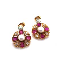 Burma Ruby, Diamond and Natural Pearl Earrings