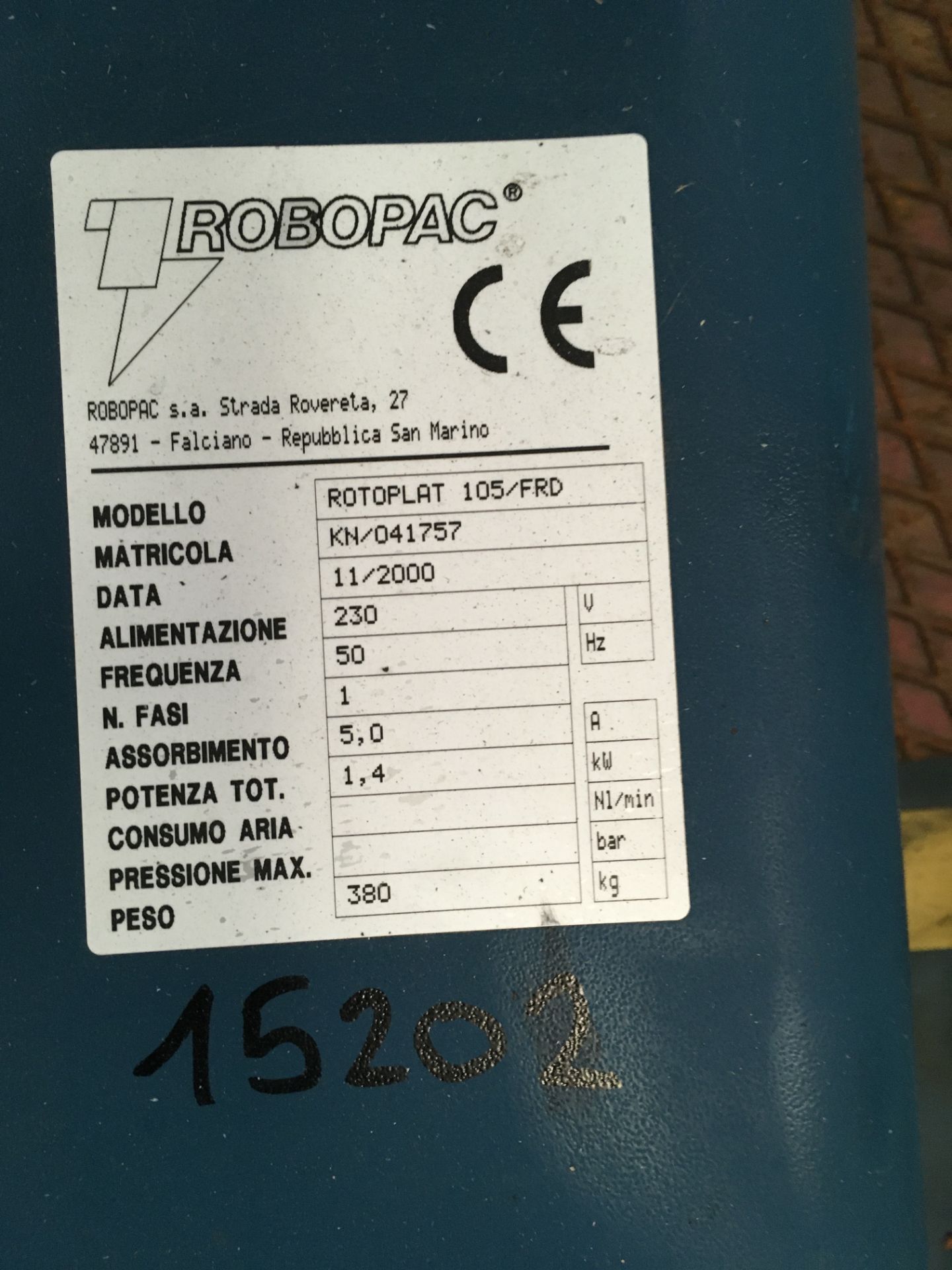 Robopac Rotoplat 105/FRO Pallet Wrapping Machine , serial no. N/A, plant no. N/A, year of - Image 3 of 3