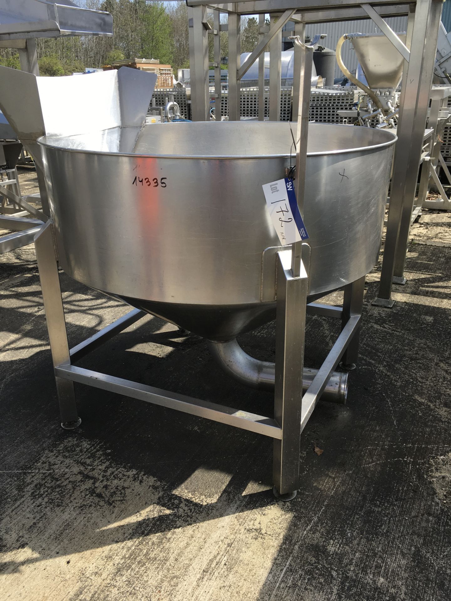 Stainless Steel Round Holding Tank, with bottom discharge, on stainless frame , serial no. N/A,