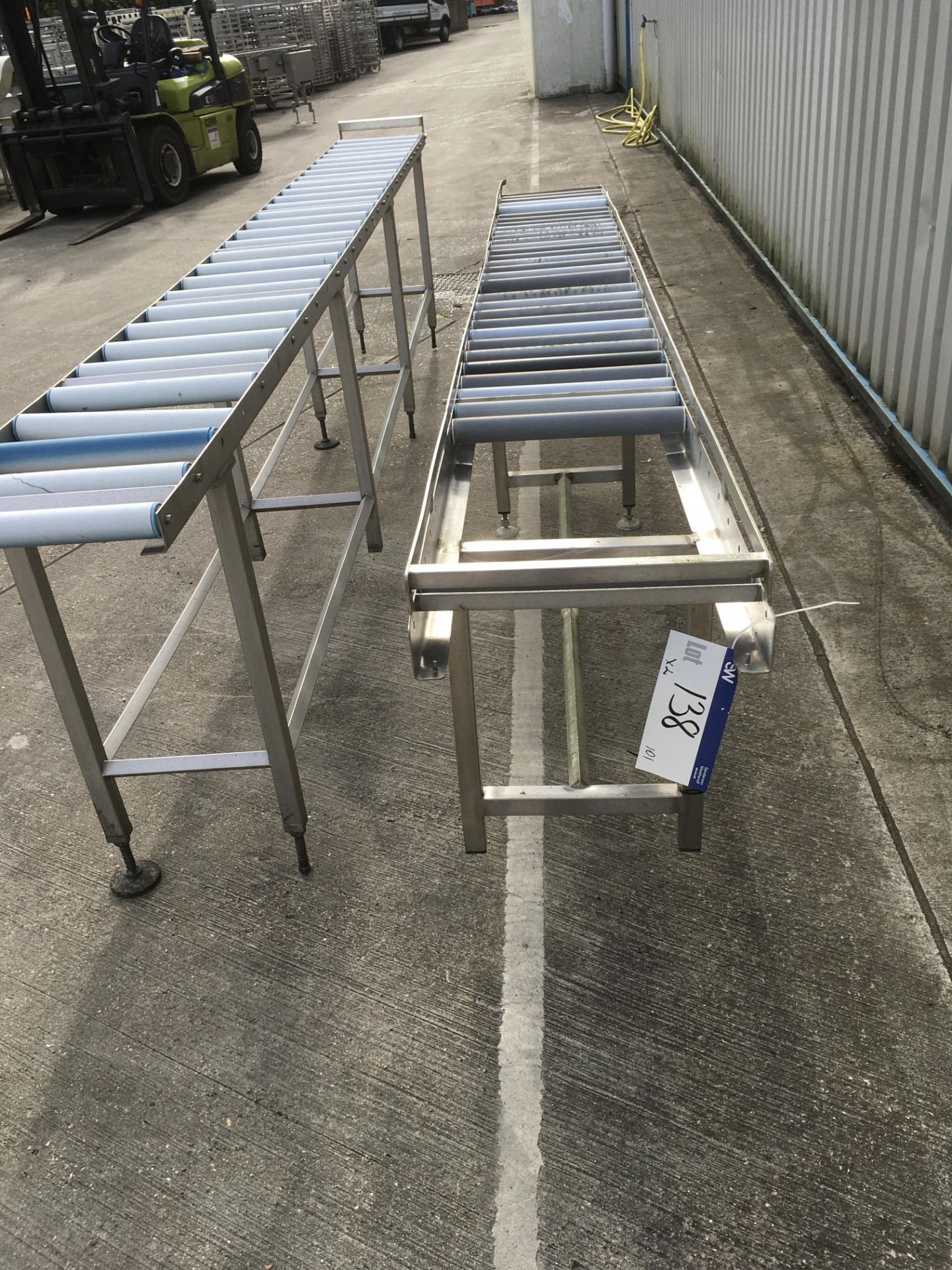 Two Roller Conveyors, with plastic rollers, stainless steel frame, roller width 400mm & 450mm,