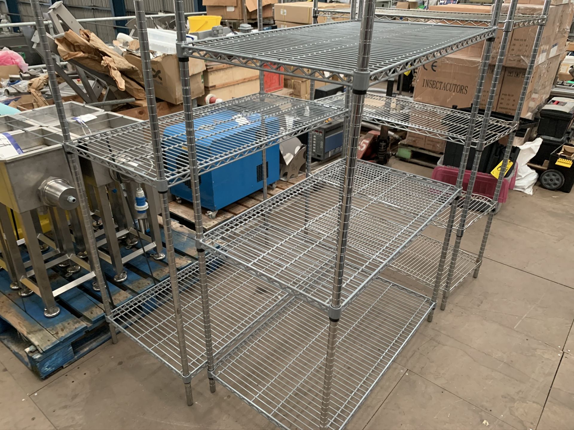 Three Bay Three/Two Tier Metal Racking, two x three shelves and one x two shelves, uprights approx.