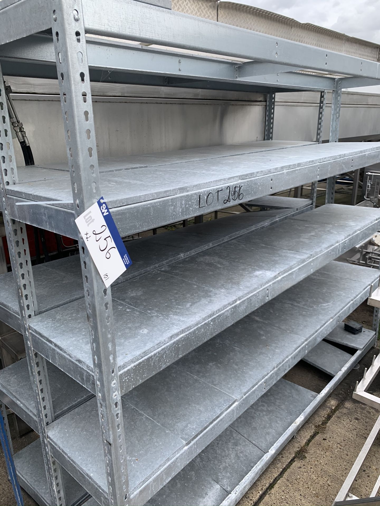 Two Bay Four Tier Galvanised Steel Shelf Racks, approx. 2.45m long x 0.47w x 2m high, lift out