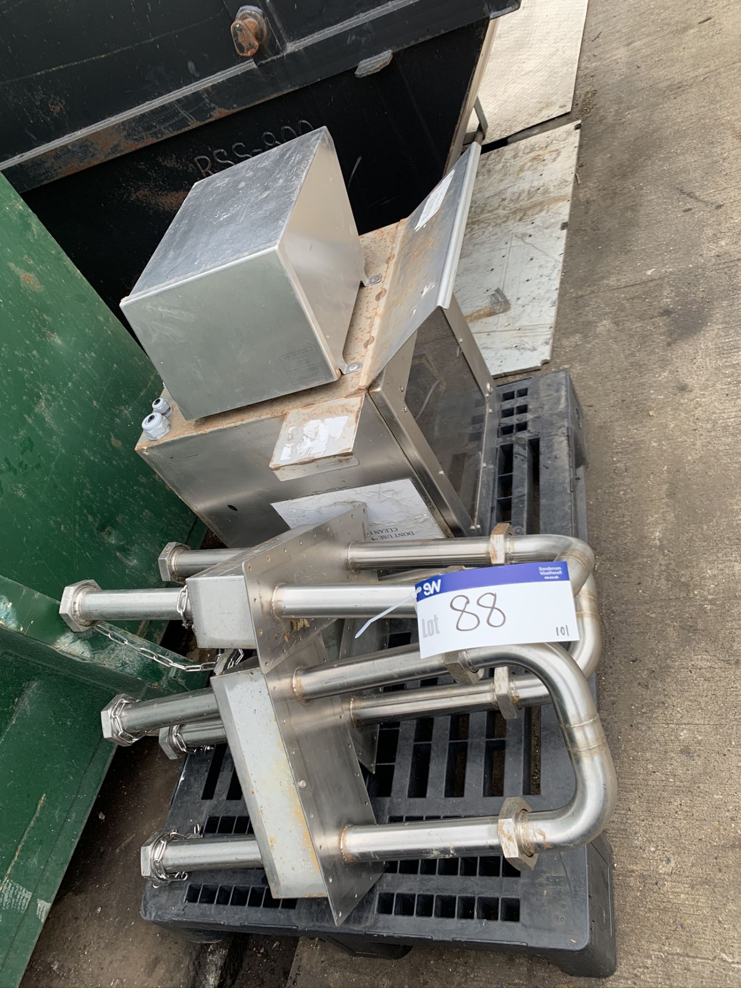 Plastic Pallet, containing three stainless steel trough wall pipes, one stainless steel cabinet - Image 2 of 2