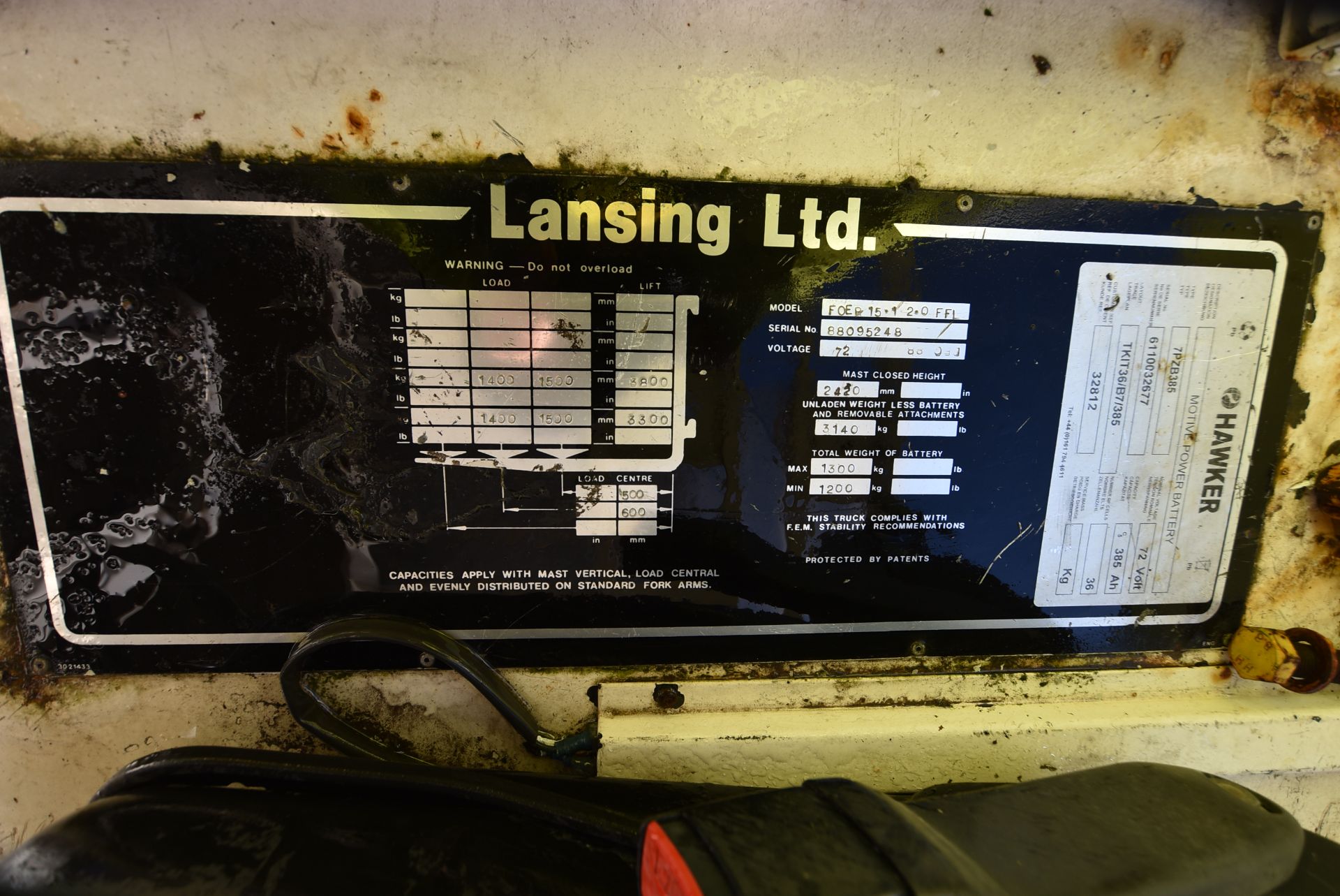 Lansing Ltd FOER 15.1 2.0 FF1 1500kg cap. BATTERY ELECTRIC FORK LIFT TRUCK, serial no. 88095248, - Image 6 of 9