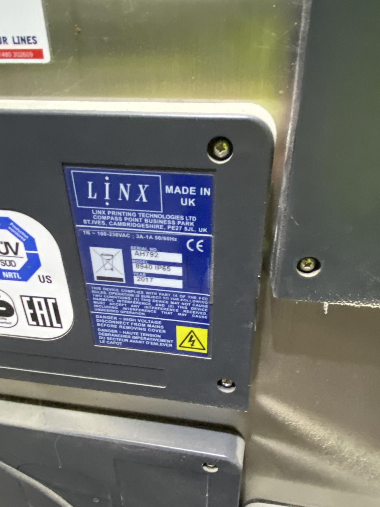 Linx 8940 IP65 INK JET CODE PRINTER, serial no. AH792, year of manufacture 2017 (lot located at - Image 3 of 3