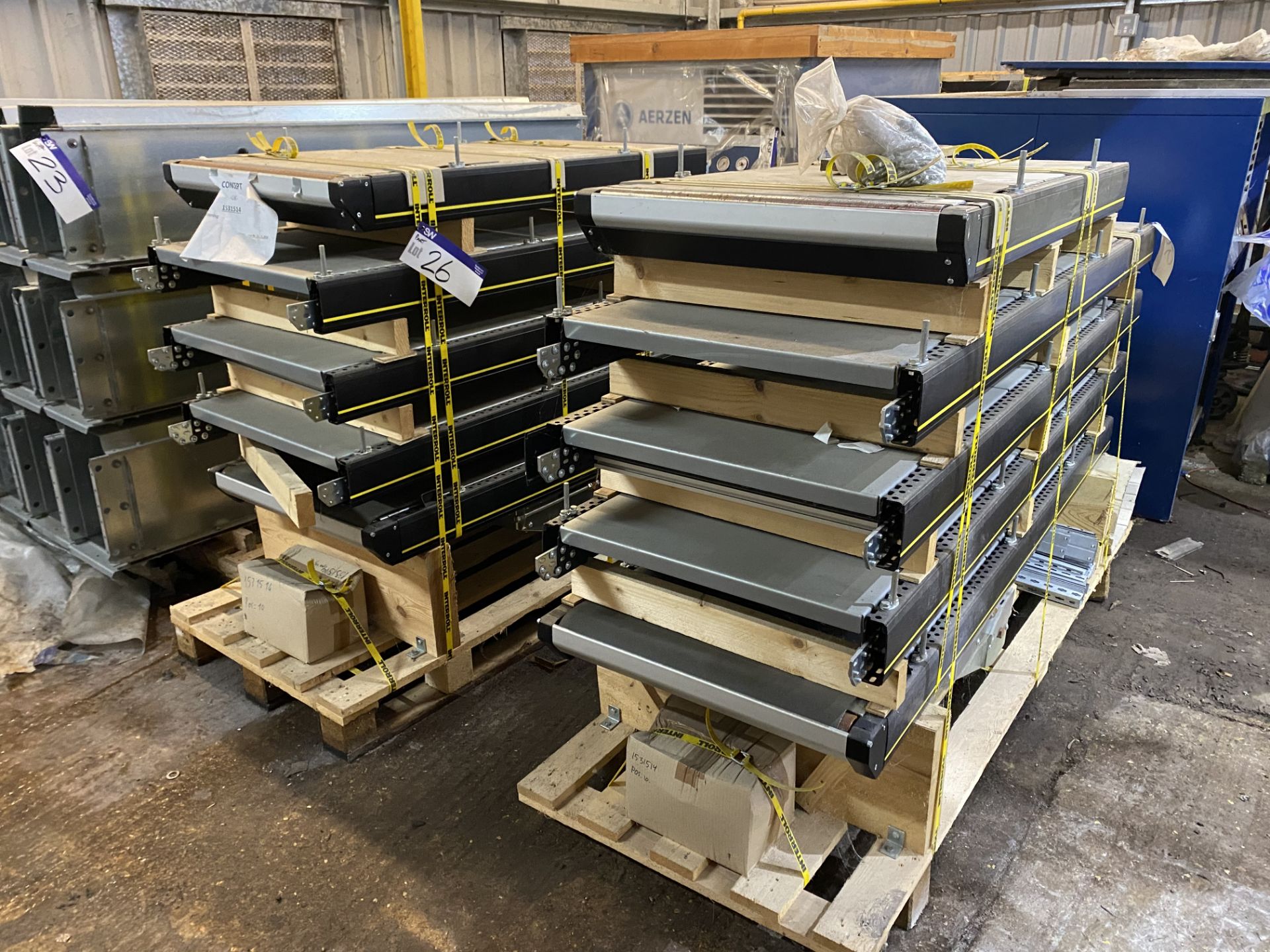 Two Interroll 590mm wide (on belt) FLAT BELT CONVEYORS, year of manufacture 2016, (unused), each - Image 2 of 4