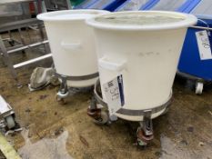 Two Plastic Bins, with lids and mobile trolleys, a