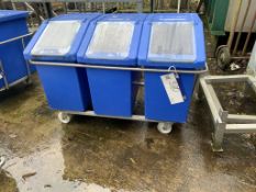 Three Ingredient Bins, with lids and trolley, appr