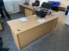 Four Light Oak Veneered Desks, with curved extension, three desk pedestals and two filing cabinets