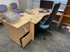 Light Oak Curved Front Desk, with desk pedestal, shelves, four drawer steel filing cabinet and