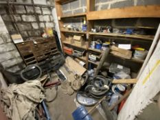 Contents of Store Room, including hoses, axle stand, vehicle parts, trolley wheels, chains,