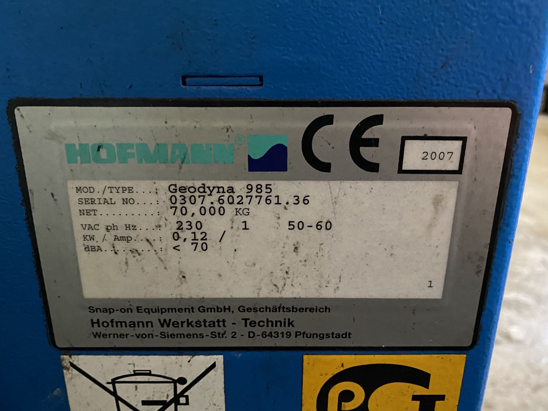 Hofmann Geodyna 985 WHEEL BALANCER, serial no. 0307.6027761.36, year of manufacture 2007, 240V, with - Image 3 of 6
