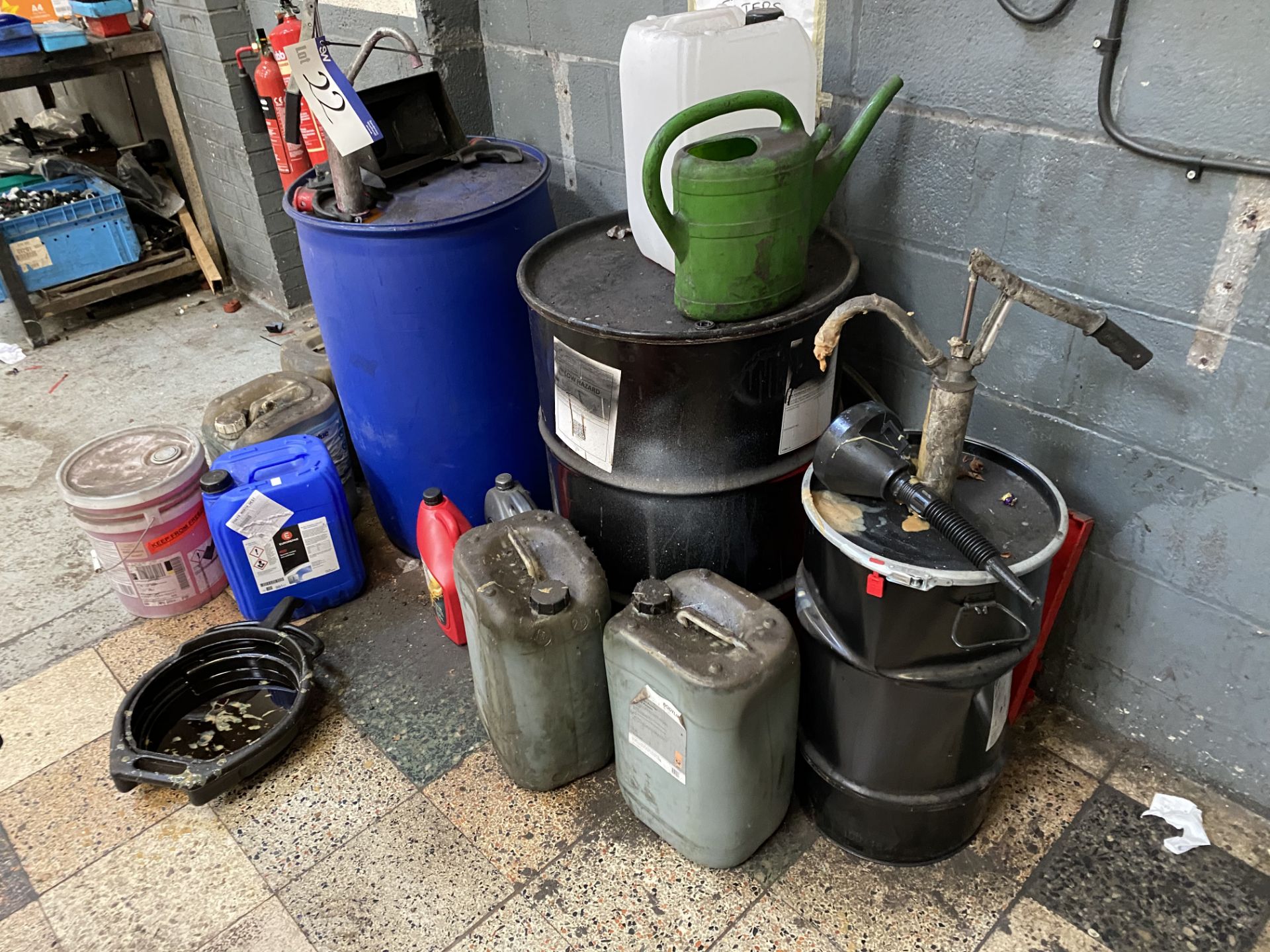 Assorted Oils & Lubricants, as set out in drums and containers, in one area