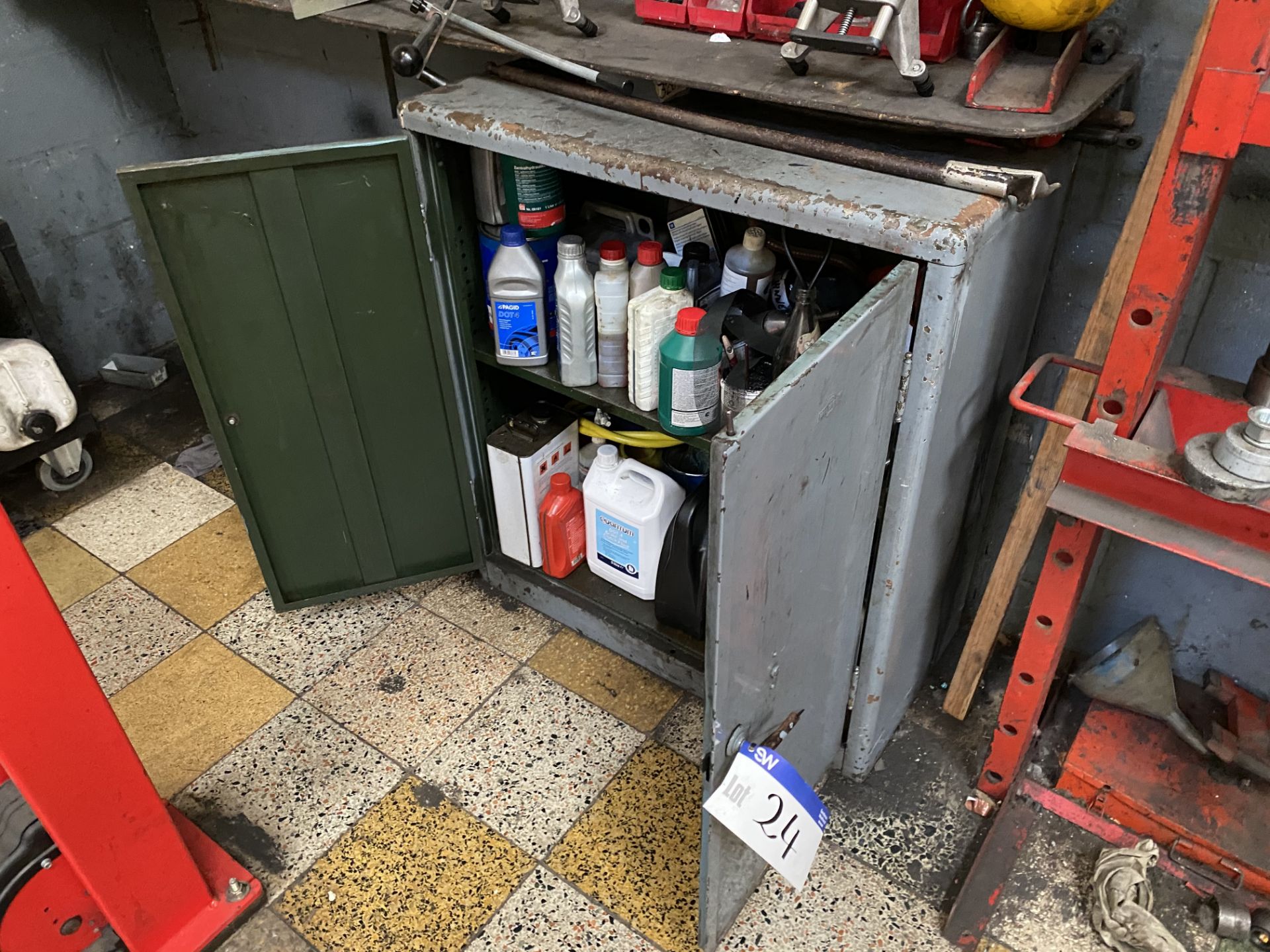 Double Door Steel Cabinet, with contents including oils, fluids, grease and lubricants