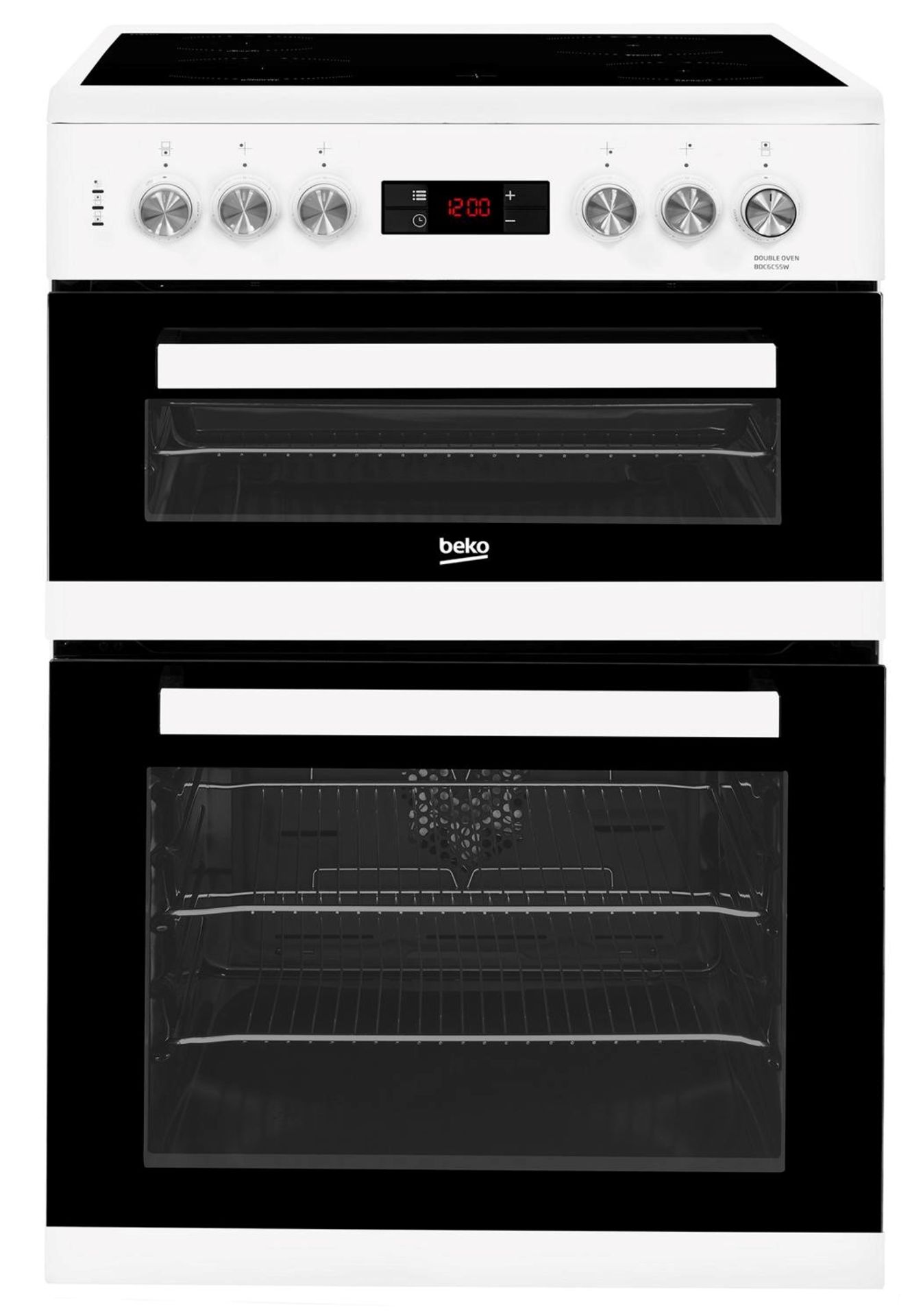 Five boxed unused Beko freestanding 60cm double oven electric cookers, white, manufacturers model