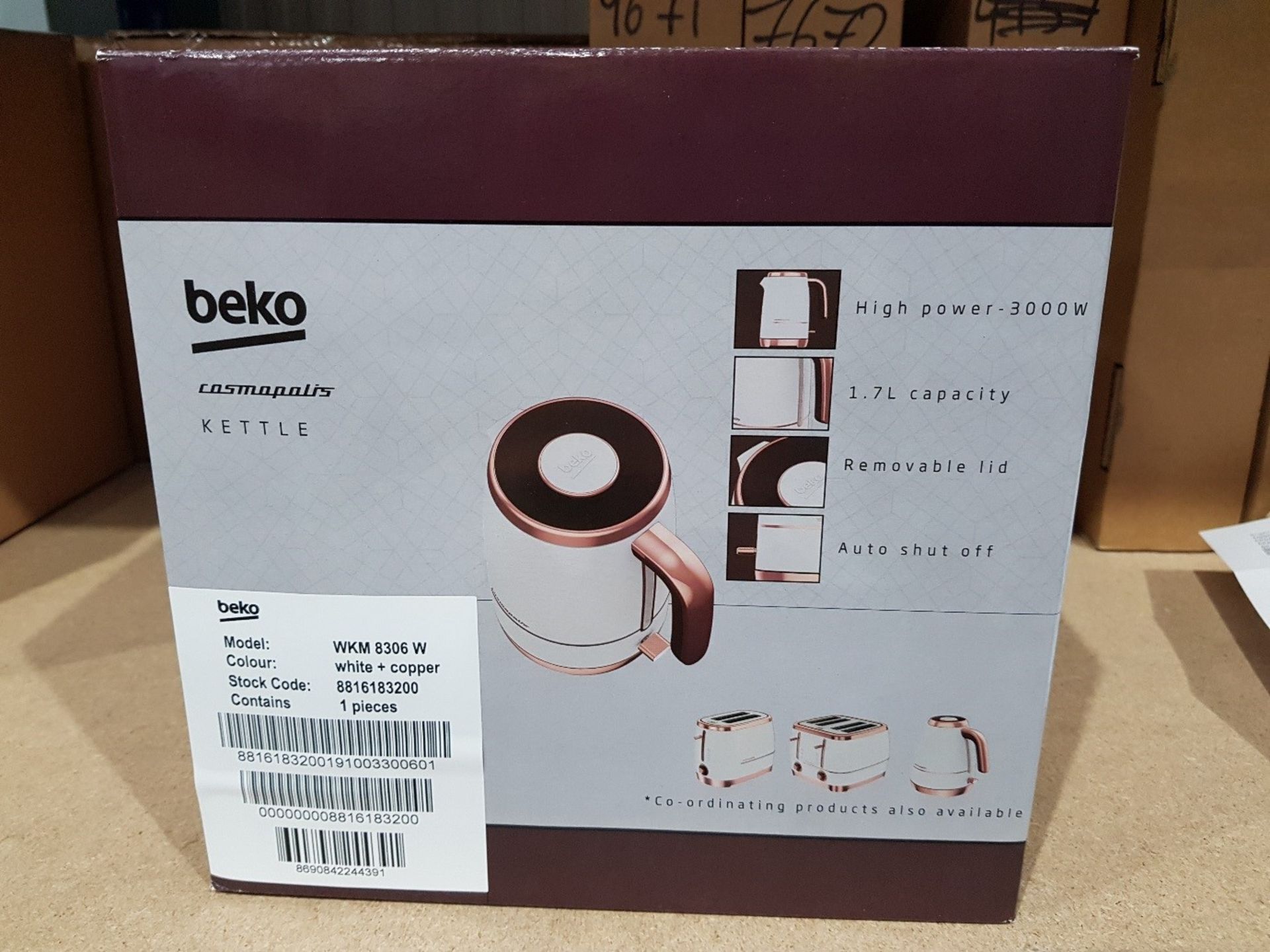 Ten boxed unused Beko cosmopolis retro jug kettles, 1.7 litre capacity, white and rose gold,