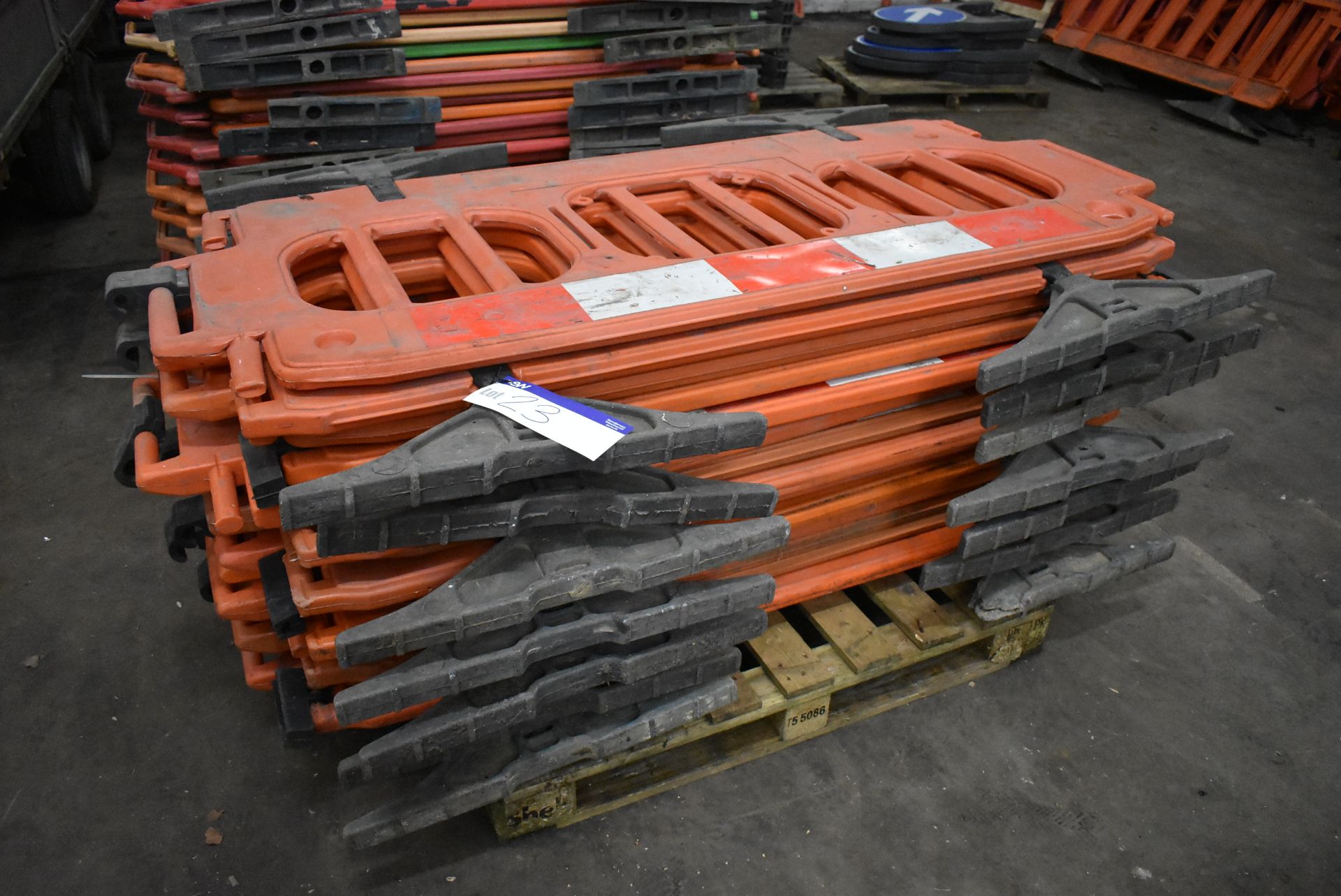 Approx. 16 Melba Products Plastic Barriers, each approx. 1.9m long