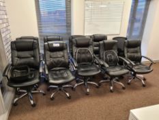 Nine Black Leather Swivel Armchairs and One Fabric