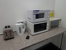 Three microwave ovens, kettle and toaster (This lo