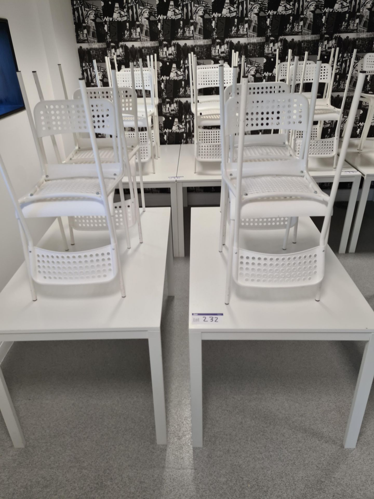 Two White Tables with 8 White Plastic Chairs (Loca