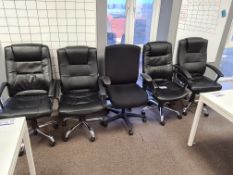 Four Black Leather Swivel Chairs and one Black Fab