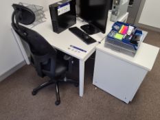 Curved White Metal Framed Desk, Black Leather Swiv