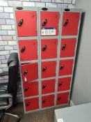 Three Sets of Six Red/Grey Steel Personnel Lockers